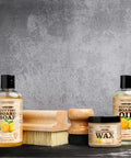 Two In One Wood Care For Cutting Boards And Butcher Block Surfaces With Beeswax And Food Grade Mineral Oil, cleaning kit displayed