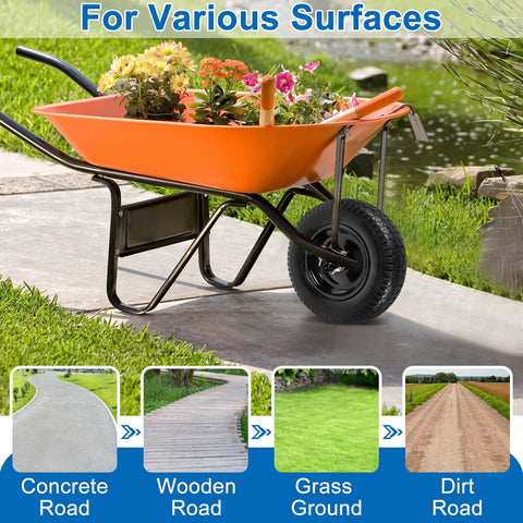 Orange wheelbarrow with flat-free wheelbarrow tires and wheels 14.5 inch universal fit solid tires on garden path