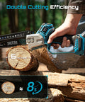 Mini Chainsaw And Electric Pruning Shears Combo For Yard Work cutting wood, showcasing the 6-inch cordless power saw in action.