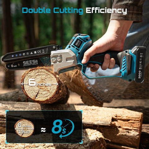 Mini Chainsaw And Electric Pruning Shears Combo For Yard Work cutting wood, showcasing the 6-inch cordless power saw in action.
