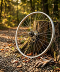 Slick Single Speed Rear Wheel Rim With Heavy Duty Aluminum Hub And Plug In Brake Assembly For No Sweat Bike Repair and Rock Solid Stopping Power Built To Roll All Week Long against a tree stump in the forest.