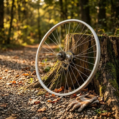 Slick Single Speed Rear Wheel Rim With Heavy Duty Aluminum Hub And Plug In Brake Assembly For No Sweat Bike Repair and Rock Solid Stopping Power Built To Roll All Week Long against a tree stump in the forest.