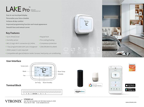 Lakepro-1 Smart Home Thermostat With Wi-Fi And Alexa Compatibility, shown with interface and app control on smartphone.