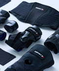 A2 DX Sports Ankle Brace With Protective Guards For High Ankle Sprains And Chronic Instability, Built For Ballers On Basketball Volleyball Lacrosse Football, Black Right Small, shown in a laid-out display with other sports braces.