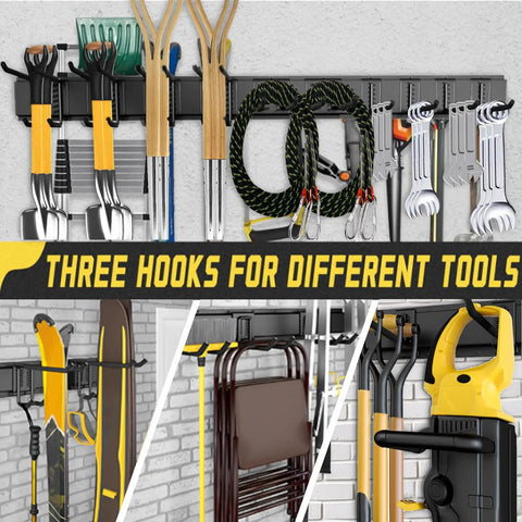 64 Inch Garage Tool Organizer Wall Mount With 18 Adjustable Garden Tool Hanger Rack Heavy Duty Hooks And Shovel Holder in use