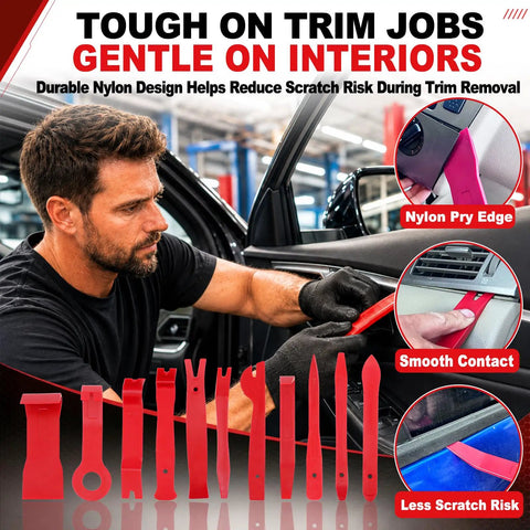 Heavy Duty Nylon Trim Removal Tool Kit For Cars With Slick Pry Bars No Sweat Clip Pliers Premium Dashboard Panels Pro Auto Interior Repair Gear with nylon tools at work.