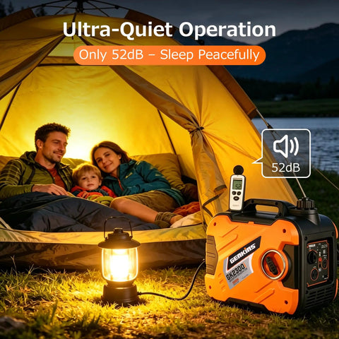 Portable Inverter Generator On The Go 2300W Peak 1900W Rated Gas Powered Ultra Quiet For RVs Outdoor Camping shown near tent