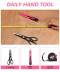Pink 40 Piece Girly Tool Set For Women With Durable Chrome Vanadium Hand Tools In A Sturdy Plastic Toolbox Perfect For Home Repairs Garage Projects Dorm Room DIY And Everyday Fixes shown with tape measure, scissors, and utility knife.