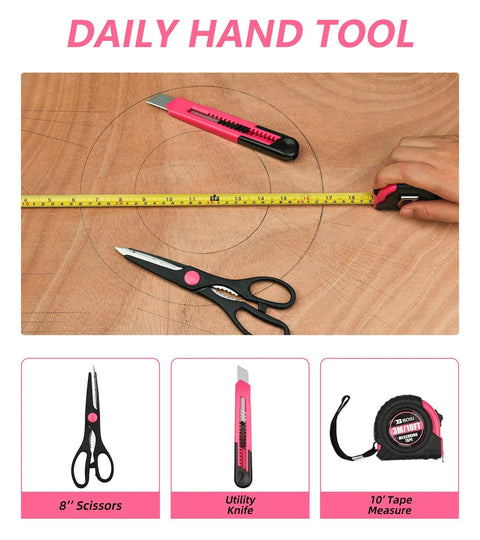 Pink 40 Piece Girly Tool Set For Women With Durable Chrome Vanadium Hand Tools In A Sturdy Plastic Toolbox Perfect For Home Repairs Garage Projects Dorm Room DIY And Everyday Fixes shown with tape measure, scissors, and utility knife.