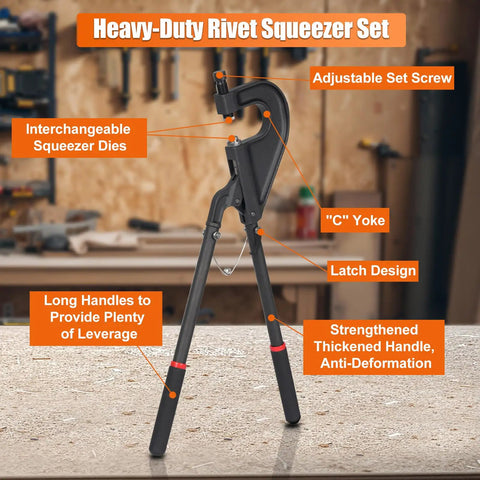 Heavy Duty Hand Rivet Squeezer Kit For Auto Body Repair And Weekend Warrior Projects Including 180 Aluminum Rivets With Six Interchangeable Flush Dies For No Sweat Metalwork Anywhere, showing long handles and adjustable set screw.