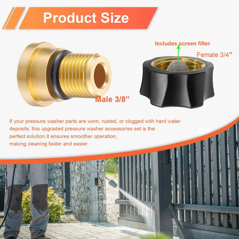 Brass water inlet fitting with 3/8 in male and 3/4 in female ends and built-in screen filter