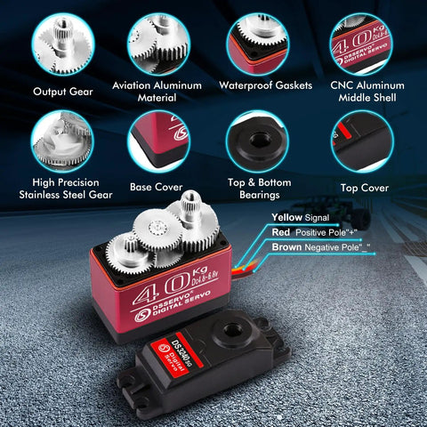 Beefy 40 Kg High Torque RC Steering Servo waterproof for 1/8, 1/10, 1/12 scale cars with metal gears and CNC aluminum housing.