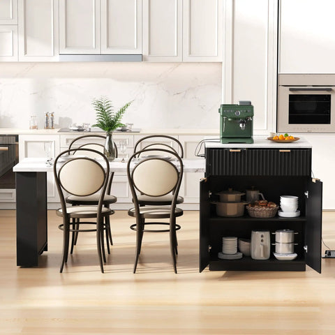 Badass Eighty Three Inch Waterproof Faux Marble Kitchen Cart With Integrated Power Hub Dual Side Rolling Drawers Ultimate Weekend Coffee Corner And Modern Dining Island Ready To Rock In Sharp Black with chairs and green coffee machine.