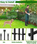 Beefy No Dig Garden Fence Kit Ten Panels Forty Inch High Twenty Seven Inch Wide Each Stretching Twenty Two And A Half Feet Long demonstrated in yard with dog
