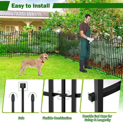 Beefy No Dig Garden Fence Kit Ten Panels Forty Inch High Twenty Seven Inch Wide Each Stretching Twenty Two And A Half Feet Long demonstrated in yard with dog