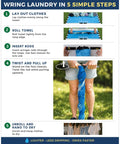 Manual Clothes Wringer For Camping And Travel Ultra Light Hand Wash Spinner instructions showing 5 steps to wring laundry.