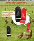 Heavy Duty Metal Chicken Oyster Shell And Grit Feeder With Smart Auto Dispenser, red and black bins holding grit for 6 chickens.