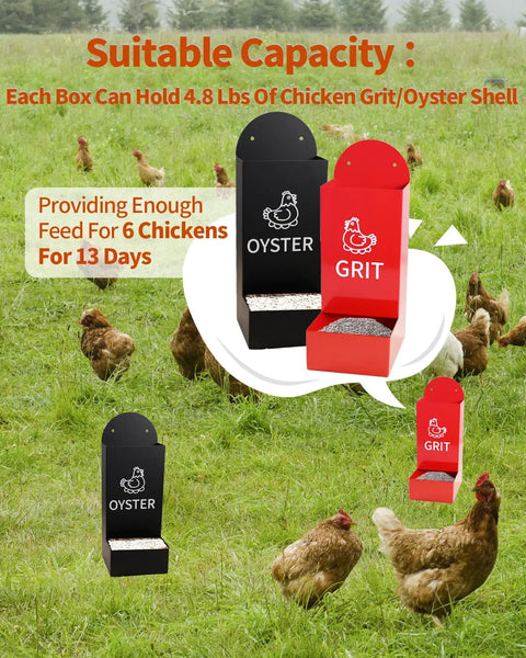 Heavy Duty Metal Chicken Oyster Shell And Grit Feeder With Smart Auto Dispenser, red and black bins holding grit for 6 chickens.