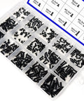400 Piece Mini Flathead Phillips Screw Kit With 15 Sizes M1.7 To M3 Steel Zinc Coated For Electronics Eyeglasses Watches And Precision DIY Projects Ideal For Repairs And Small Hardware Fixes, showing organized compartments of black screws.