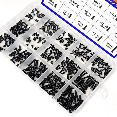 400 Piece Mini Flathead Phillips Screw Kit With 15 Sizes M1.7 To M3 Steel Zinc Coated For Electronics Eyeglasses Watches And Precision DIY Projects Ideal For Repairs And Small Hardware Fixes, showing organized compartments of black screws.