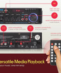 Front and back view of Compact 200W Bluetooth Power Amplifier For A 2 Channel Home Stereo Setup With Karaoke Ready dual mic input, RCA USB A and SD card MP3 player, FM radio, AUX in, and remote control.