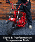 Mini Bike Front Fork Suspension Kit With Beefed Up Hydraulic Shocks, installed on a red mini bike, showcasing front tire and frame.