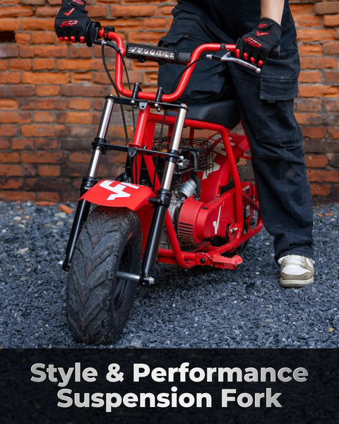 Mini Bike Front Fork Suspension Kit With Beefed Up Hydraulic Shocks, installed on a red mini bike, showcasing front tire and frame.