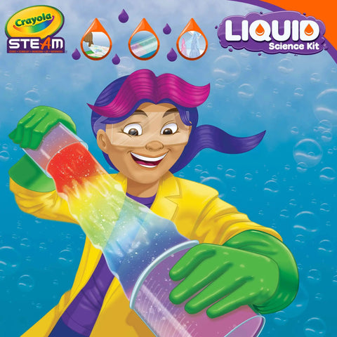 Illustration of a child pouring colorful liquids, showcasing the Awesome Liquid Science Kit For Kids With 15 At Home Water Experiments.
