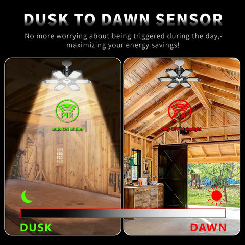 Deformable 200W LED Garage Light With PIR Motion Sensor 20000LM shop ceiling light showing dusk and dawn settings in barn.