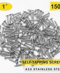 Heavy Duty 410 Stainless Steel Self Tapping Wood Screws Size 8 X 1 Inch Pack of 150 screws on a white background.