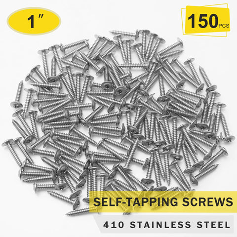 Heavy Duty 410 Stainless Steel Self Tapping Wood Screws Size 8 X 1 Inch Pack of 150 screws on a white background.