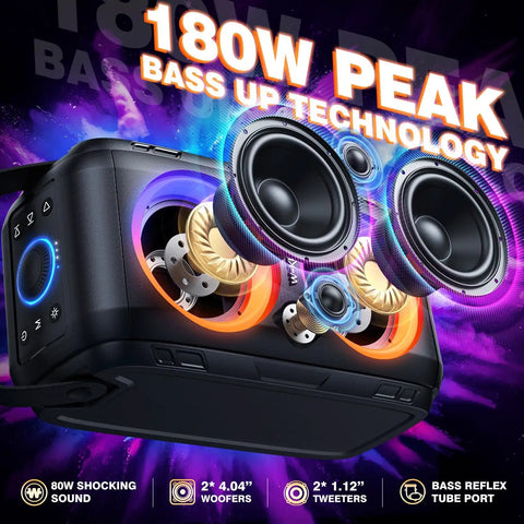 Epic 180W Peak Party Bluetooth Speaker with four drivers, dual 4.04 inch subwoofers, deep bass and 105dB HD sound, IPX5