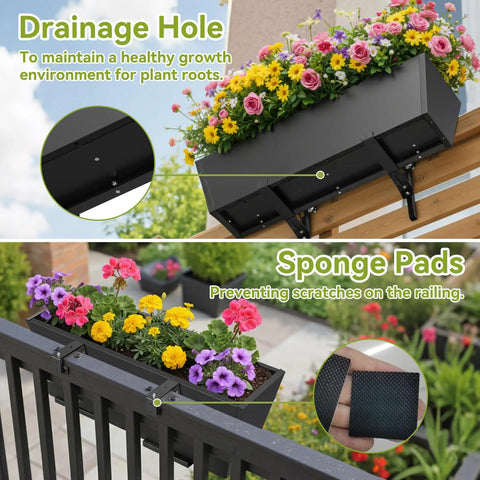 Tough As Nails Two Pack Metal Railing Planter Box 36 Inch with drainage hole and sponge pads for outdoor use.