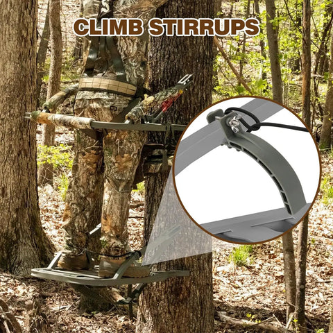 Climbing Tree Stand Accessories for Hunting, 1 Pair Stirrups with 22.8 Inch Elastic Rope, Gray Replacement Part for 1-Inch Square Tube Aluminum Climbing Stands, Safe Climb Gear Upgrade, demonstrating use on tree
