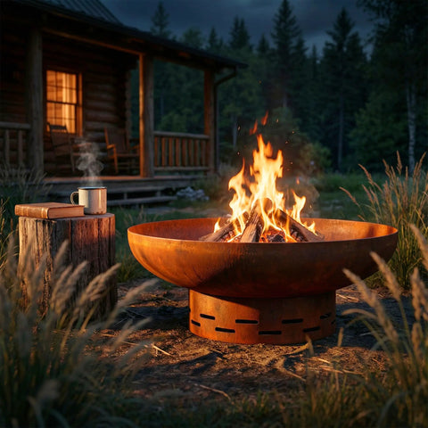 Heavy Duty 27.5 Inch Round Wood Burning Fire Pit For Outdoor Use Steel Bonfire Pit With Oxidized Finish in a rustic cabin setting