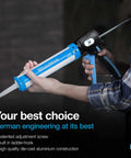 Person holding premium hand caulk gun with 24 to 1 adjustable thrust ratio dripless caulking tool for 10 ounce cartridges durable blue.