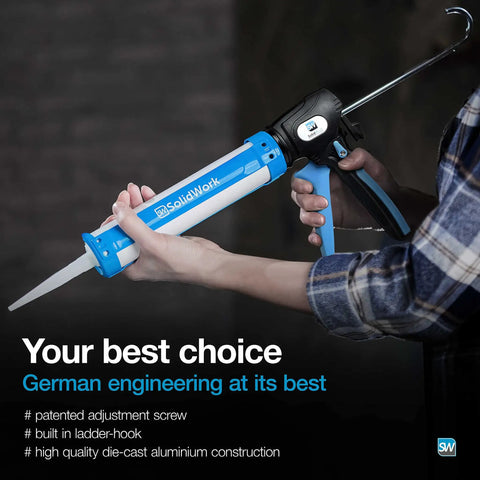 Person holding premium hand caulk gun with 24 to 1 adjustable thrust ratio dripless caulking tool for 10 ounce cartridges durable blue.