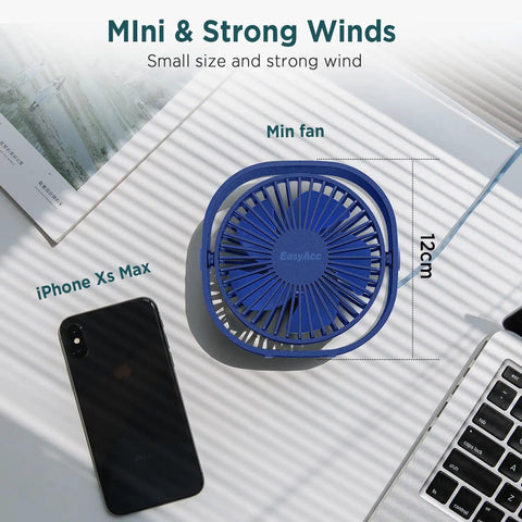 Go To Ultra Quiet USB Desk Fan With 360 Degree Rotatable Head 3 Speeds Ultra Portable Personal Table Fan on desk next to phone
