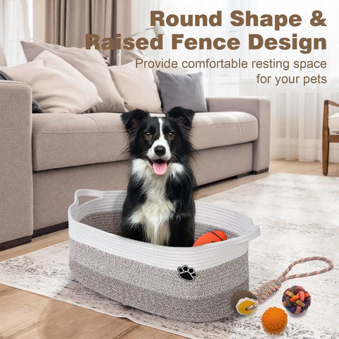 Large Dog Toy Storage Basket Rope Bin 30L For Toys And Blankets Pet Gear White And Brown 19.7 X 11 X 7.9 Inches with dog
