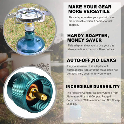 Propane To Butane Camp Stove Adapter For Outdoor Cooking And Backpacking EN417 Valve Input 16 Oz Propane Tank To Butane Canister Converter Refills Stoves Heaters Lanterns Durable Green 2 Pack showing use and features