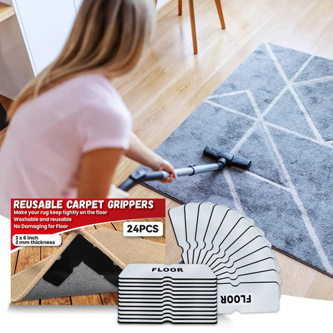 Person using vacuum on rug with Non Slip Rug Grippers Set For Area Rugs Reusable Rug Tape Pads That Wont Damage Hardwood Floors