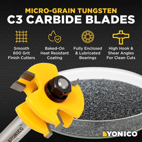Tongue And Groove Router Bit Set Pro Grade For Three Quarter Inch Stock With One Half Inch Cutting Depth One Quarter Inch Tongue Two Bit Set One Half Inch Shank Premium C3 Micro Grain Tungsten Carbide Blades For Flooring And Cabinetry Projects with close-up of yellow bit and text features.