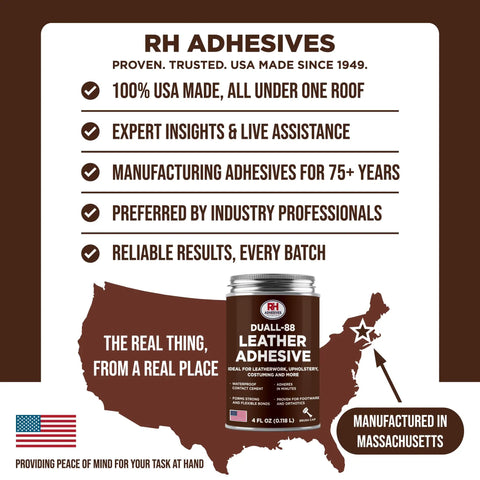Heavy Duty Leather Adhesive 4 Oz Glue For Leather Repair And Crafting For DIY Upholstery Waterproof Heat Resistant Flexible Long Lasting High Strength Bond For Bags Jackets Wallets And More with map image showing Made in Massachusetts.