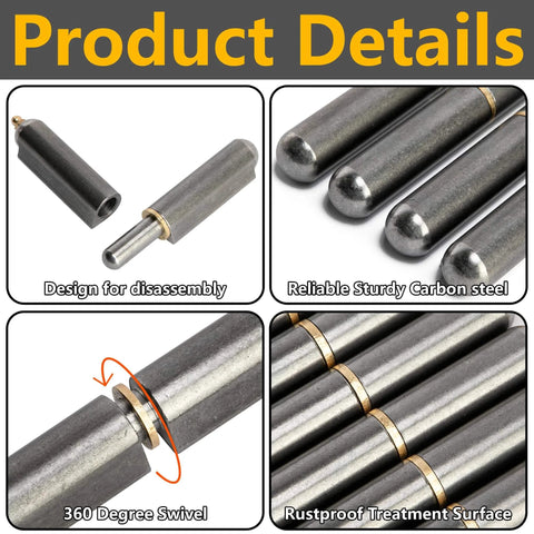 Product details of Six Pack 4 Inch Bullet Weld On Hinges Set Heavy Duty Weldable Barrel Hinges Carbon Steel, showing disassembly and rustproof surface.