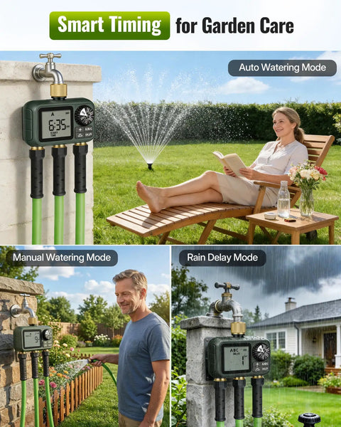 Brass Sprinkler Timer With Swivel 3 Outlet Go To Digital Irrigation System Kit showing auto, manual, and rain delay modes