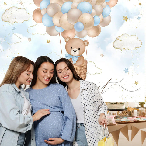 Blue Bear Hot Air Balloon Backdrop For Boy Tot Friendly Baby Shower Photo Booth Prop 7x5ft Cotton Fabric, Reusable