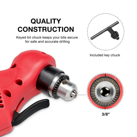 Right Angle Corded Drill With 55 Degree Head For Tight Spots Three Eighths Inch Keyed Chuck Variable Speed 0 To 1400 RPM 120V Power Drill