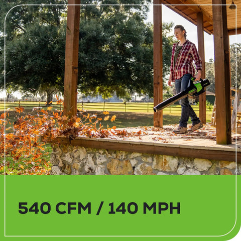 No Hassle 60V Cordless String Trimmer And 540 CFM Air Blower Yard Work Combo Set with 540 CFM air blower in action clearing leaves.
