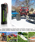 7.2V 5200mAh NiMH RC Battery, 6 Cell Pack With Tamiya Connector beside various RC vehicles, showcasing compatibility.