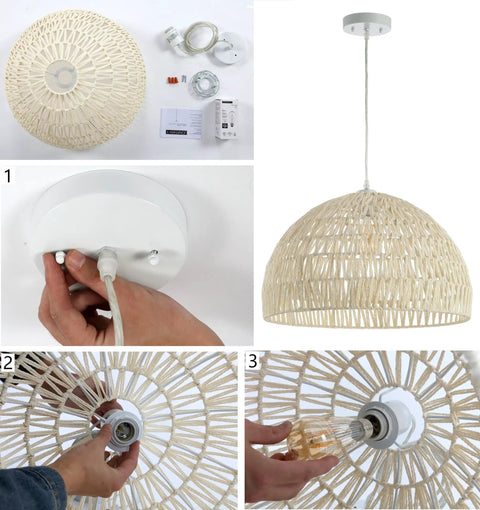 Assembly steps of 20 Inch Black Modern Bohemian Woven Rope LED Pendant Light Fixture With Adjustable Dome Ceiling Lamp for Kitchen Island.